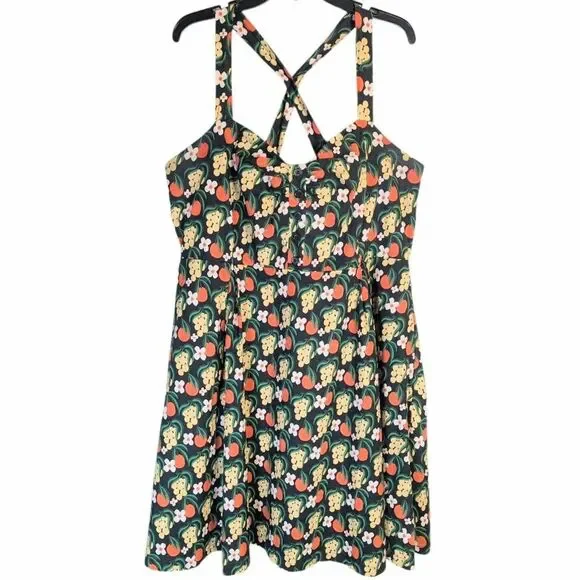 Modcloth Black & Orange fruit floral fit flare retro cotton midi dress 1X - Picture 2 of 7